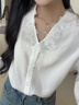 Olrain歐芮兒天絲白色度假風(fēng)蕾絲v領(lǐng)寬松長(cháng)袖襯衫女2026新款春開(kāi)衫上衣 米白色 M 曬單實(shí)拍圖