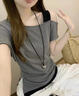 衣然呈品女士短袖T恤夏季設計感氣質(zhì)修身撞色露肩體恤褶皺顯瘦別致半袖女 灰色 M 【建議90-110斤】 曬單實(shí)拍圖