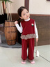 G.duck小黃鴨女童套裝春秋新款兒童衣服女孩春裝時(shí)髦寶寶馬甲褲子三件套 酒紅色 90 尺碼1~2歲【 80-90cm】 曬單實(shí)拍圖