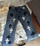 克羅心（chrome heart）合集美式高街十字架刺繡直筒牛仔褲貼皮寬松水洗男女同款長(cháng)褲 776黑白貼皮十字架（實(shí)拍圖） XL 建議125-140 曬單實(shí)拍圖
