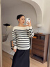 Sellynear孕婦裝春季上衣2026新款時(shí)尚寬松長(cháng)袖一字領(lǐng)條紋針織衫 白底條紋 M 曬單實(shí)拍圖