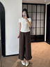 茵曼（INMAN）茵曼法式慵懶荷葉邊闊腿褲26夏女新款休閑高腰松緊腰長(cháng)褲 咖啡色 L 曬單實(shí)拍圖