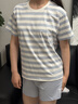 蕉內王一博同款305H純棉睡衣男女士100%棉情侶家居服短袖短褲套裝夏季 【短袖短褲-女】蘇霧藍橫條紋 M 曬單實(shí)拍圖