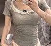 衣然呈品T恤女士春夏新款美式高街潮牌修身純色蕾絲蝴蝶結簡(jiǎn)約短袖上衣女 灰色 M 【建議90-105斤】 曬單實(shí)拍圖