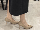百田森高跟鞋女25春羊皮工作鞋黑色尖頭單鞋裸色職業(yè)鞋加寬版 杏色 36  曬單實(shí)拍圖