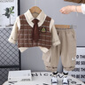 五小七童裝男童春秋季套裝新款周歲禮服男寶寶衣服兒童春裝三件套 咖啡色 80 尺碼7-11月cm 曬單實(shí)拍圖