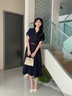 尚靜美式復古短袖連衣裙女2026夏季新款優(yōu)雅氣質(zhì)系帶收腰顯瘦襯衫裙 藏青色 M 曬單實(shí)拍圖