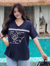 LDBE夏季新款V領(lǐng)蕾絲拼接韓版正肩短袖T恤女藏青色休閑百搭寬松上衣 藏青色 L 110-130斤 曬單實(shí)拍圖