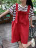DGOV日系復古學(xué)院風(fēng)背帶短褲套裝女學(xué)生韓版寬松夏季新款短袖兩件 紅色單件短褲 S 曬單實(shí)拍圖