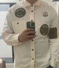 馬登工裝 美式章仔刺繡長(cháng)袖襯衫外套薄款白色口袋拼接襯衣夾克男春 米白色 【寬松偏大】 L 曬單實(shí)拍圖