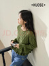 闊色（kuose）綠色鏤空長(cháng)袖針織衫薄罩衫秋季新款女氣質(zhì)喇叭袖上衣春 綠色 S 曬單實(shí)拍圖