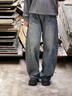 普戈斯230斤胖子闊腿牛仔褲男加肥加大碼寬松百搭休閑褲秋冬潮直筒長(cháng)褲 復古藍 3XL 160-180斤 曬單實(shí)拍圖