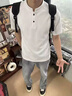 雅鹿重磅正肩高級感亨利領(lǐng)短袖男t恤夏季新款打底衫拼接boxy半袖衣服 A88白色【高品質(zhì)】 XL 130-145斤 曬單實(shí)拍圖