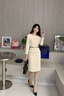 晨芙名媛小香風(fēng)假兩件職業(yè)裝連衣裙女修身氣質(zhì)包臀裙主持人酒店工作服 米色 L 建議100-110斤 曬單實(shí)拍圖