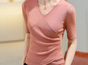 H-KED中袖t恤女網(wǎng)紗夏季沙體亮絲打底衫交叉v領(lǐng)別致閃光絲上衣 藕粉色 L 曬單實(shí)拍圖