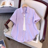 妹丫2026夏季新款薄款防曬襯衣女 五分袖休閑百搭糖果色襯衫外搭 淺紫色 S 曬單實(shí)拍圖