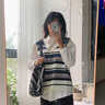 乖米豆兩件套裝/單件日系復古風(fēng)V領(lǐng)毛衣背心女春秋外穿學(xué)生針織馬甲T恤 條紋馬甲 M 95-105斤 曬單實(shí)拍圖