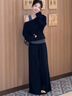 韓璐嬌（hanlujiao）衛衣女裝套裝2026春季新款韓版簡(jiǎn)約氣質(zhì)休閑黑色露肩上衣顯瘦長(cháng)褲 黑色套裝 M 曬單實(shí)拍圖