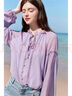 秋水伊人甜美木耳邊V領(lǐng)長(cháng)袖襯衫女溫柔氣質(zhì)雪紡衫通勤小衫長(cháng)袖襯衣 紫色 S 曬單實(shí)拍圖