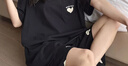 九紅妃胖mm大碼睡衣女200斤純棉夏季寬松短袖短褲黑色家居服套裝可外穿 黑色愛(ài)心 3XL （120-160斤） 曬單實(shí)拍圖