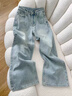 拉夏貝爾燙鉆直筒牛仔褲女春秋超火亮晶晶窄版闊腿褲 淺藍色【加長(cháng)款】 XL 曬單實(shí)拍圖