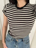 SNOWTREE2026夏裝新款正肩條紋短袖t恤女獨特漂亮超好看小衫超火減齡上衣 黑色【夏日夏季穿搭初夏超火減齡高級設計感夏天】 M （建議95-105斤） 曬單實(shí)拍圖