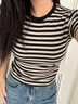 SNOWTREE2026夏裝新款正肩條紋短袖t恤女獨特漂亮超好看小衫超火減齡上衣 黑色【夏日夏季穿搭初夏超火減齡高級設計感夏天】 M （建議95-105斤） 曬單實(shí)拍圖