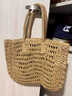 韓風(fēng)夏季復古文藝鏤空草編包大容量單肩包編織托特包度假風(fēng)沙灘包 卡其 曬單實(shí)拍圖