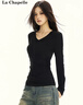 La Chapelle黑色V領(lǐng)長(cháng)袖t恤打底衫女2026春秋冬新款內搭顯瘦修身上衣 黑色 L 曬單實(shí)拍圖