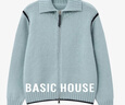 百家好（Basic House）Basic House/百家好翻領(lǐng)線(xiàn)條撞色毛衣女秋季新款簡(jiǎn)約時(shí)尚開(kāi)衫上衣 藍色 M 曬單實(shí)拍圖