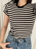 SNOWTREE2026夏裝新款正肩條紋短袖t恤女獨特漂亮超好看小衫超火減齡上衣 黑色【夏日夏季穿搭初夏超火減齡高級設計感夏天】 M （建議95-105斤） 曬單實(shí)拍圖
