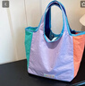 多巴胺拼色尼龍托特包小眾設計帆布包輕便可折疊手提包媽媽包 紫色 曬單實(shí)拍圖