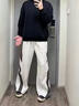 尤芮軻胖子重磅大碼美式三條杠運動(dòng)衛褲男春秋闊腿寬松直筒休閑長(cháng)褲 白灰色 3XL 曬單實(shí)拍圖