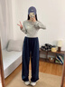 美特斯邦威休閑褲女春新款高腰直筒純色修身闊腿束腳長(cháng)褲 鐵藍色 M 160/66A 曬單實(shí)拍圖