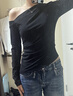 UR2026春季新款女裝氣質(zhì)斜肩領(lǐng)褶皺修身短款T恤UWM460020 黑色 S 曬單實(shí)拍圖