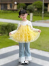 G.duck小黃鴨童裝女套裝春秋兒童衣服花邊牛仔蛋糕裙三件套直筒牛仔褲子 黃色 120 建議5~6歲（110-120cm） 曬單實(shí)拍圖