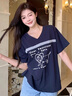 LDBE夏季新款V領(lǐng)蕾絲拼接韓版正肩短袖T恤女藏青色休閑百搭寬松上衣 藏青色 L 110-130斤 曬單實(shí)拍圖