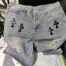 chrome heart克羅心夏季新款男士復古水洗藍色破洞牛仔短褲高品質(zhì)薄款五分褲 28 (90-100斤 曬單實(shí)拍圖