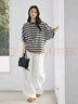 對白（DUIBAI）慵懶連肩蝙蝠袖條紋T恤女2026夏新款設計感寬松休閑短袖上衣 灰黑條紋 XL 曬單實(shí)拍圖