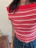 TOMMY JEANS【張元英同款】26春夏新款女條紋一字肩性感辣妹修身針織衫 粉白條紋XK3 XS 曬單實拍圖