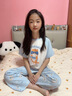 蕉內棉棉520Home兒童睡衣男女童5A抗菌棉莫Pets Pets短袖長(cháng)褲家居服 霧藍-橘貓 140 曬單實(shí)拍圖