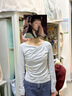 UR2026春季新款女流光風(fēng)不規則褶皺蕩領(lǐng)修身長(cháng)袖T恤UWG450208 冷灰 M 曬單實(shí)拍圖