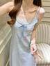 倩升藍色條紋帶胸墊吊帶睡裙女2026新款夏季性感甜美高級感家居服睡衣 79121LA 藍條紋蕾絲 M 曬單實(shí)拍圖