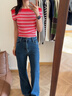 TOMMY JEANS【張元英同款】26春夏新款女條紋一字肩性感辣妹修身針織衫 粉白條紋XK3 XS 曬單實拍圖