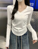 拉夏貝爾2026春秋新款女裝V領(lǐng)長(cháng)袖T恤打底內搭收腰褶皺修身上衣 白色 XL 曬單實(shí)拍圖