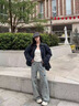 QGF 童趣小狗刺繡牛仔褲女男春夏新款闊腿寬松拖地高腰顯瘦直筒褲子 藍色 【高品質】 M [建議90-100斤] 曬單實拍圖