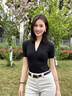 雙星（shuangxing）深V領(lǐng)短袖t恤女夏季正肩修身洋氣低領(lǐng)上衣氣質(zhì)針織衫 黑色 L 曬單實(shí)拍圖