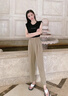 金狐貍天絲亞麻哈倫褲女九分2026新款春夏輕奢垂感高腰小個(gè)子直筒休閑褲 卡其色 L (28) 曬單實(shí)拍圖