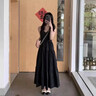 圖曼朵夏季新款高級感褶皺V領(lǐng)吊帶連衣裙女士收腰露背長(cháng)裙子 黑色 S 曬單實(shí)拍圖