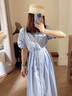 尚靜通勤收腰襯衫裙2026夏季新款泡泡袖中長(cháng)款系帶收腰連衣裙女 晴空藍 M 曬單實(shí)拍圖